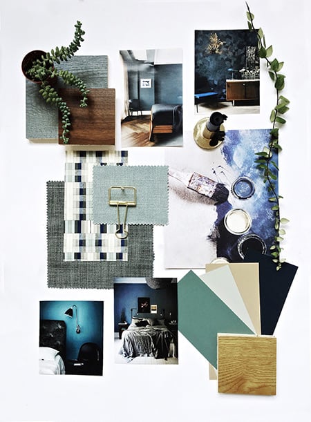 Blue and green theme flat lay mood board