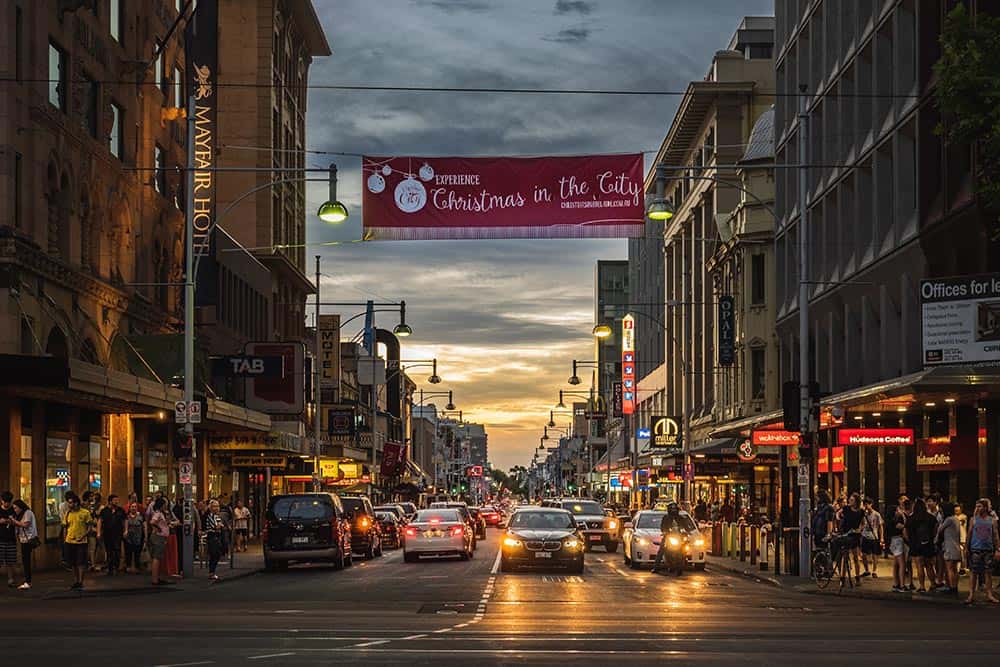 Busy Adelaide street at sunset