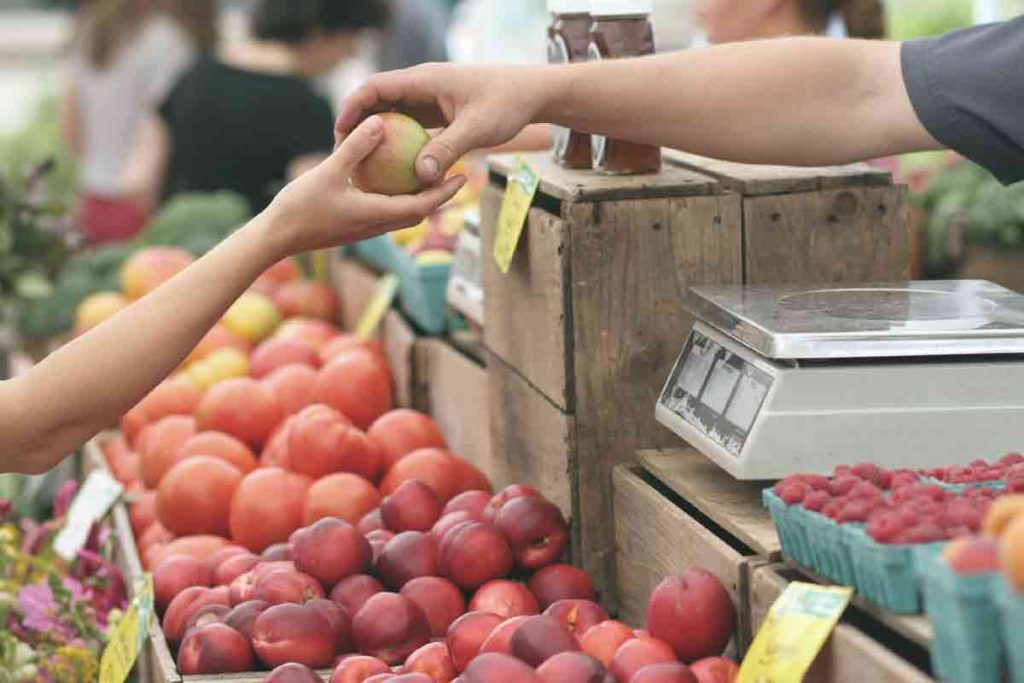 Person at Market Checkout Passing over an Apple to purchase